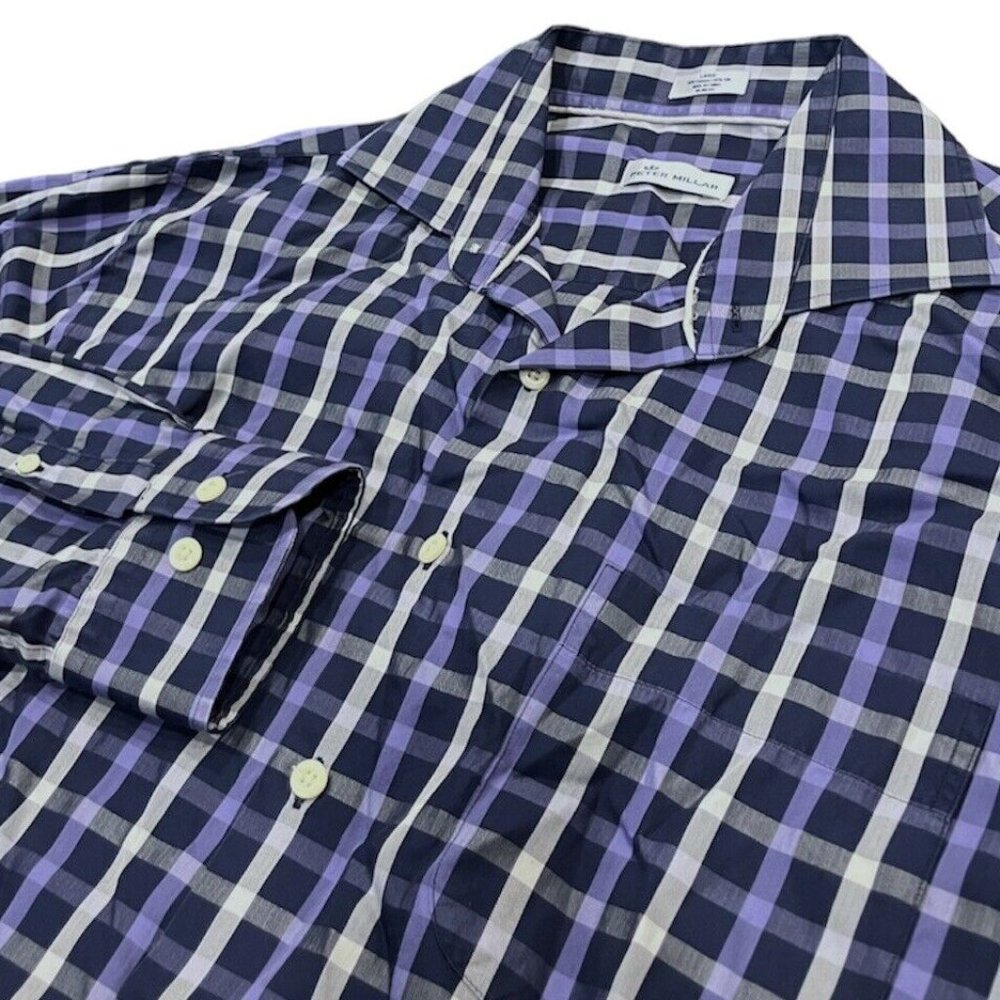 Peter Millar Men's Large‎ Long Sleeve Cotton/Silk Button Down Purple Plaid Shirt